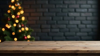 Aufkleber - Rustic Wooden Tabletop Display with a Festive Blurred Background of an Illuminated Christmas Tree Against a Dark Brick Wall