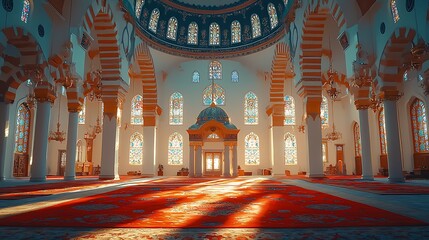 Poster - Sunlit Mosque Interior Prayer Hall, Stained Glass, Columns,  Peaceful Atmosphere, Religious Tourism