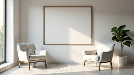 Poster - Modern minimalist living room interior design with two armchairs and a large blank frame on the wall, bathed in sunlight