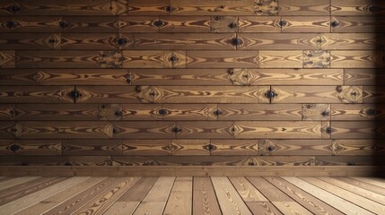 Aufkleber - Rustic Wooden Room Interior with Horizontal Wood Planking and Hardwood Floor for Design and Texture Background