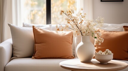 Poster - a cozy living room scene featuring a white sofa adorned with orange pillows, complemented by a vase 