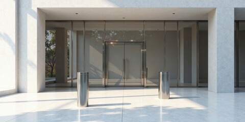 Poster - Modern building entrance with large glass doors and sleek metal bollards in sunlight
