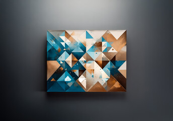 Aufkleber - Abstract geometric artwork with triangles in blue and brown hues, forming a modern mosaic pattern on a dark gray background.