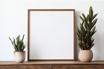 Poster - A minimalist display featuring a blank frame and two potted plants on a wooden surface creates a serene and inviting atmosphere.
