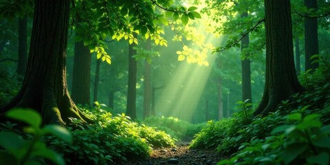 Aufkleber - Serene Forest Path Bathed in Sunlight A Tranquil Scene of Lush Green Undergrowth and Majestic Trees