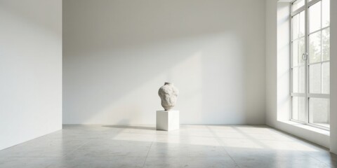 Aufkleber - Serene Minimalist Gallery Interior Featuring a Textured Stone Sculpture on a White Pedestal