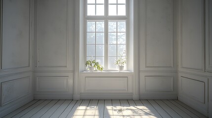 Poster - Sunlit White Room Interior Design, Window View, Plants, Empty