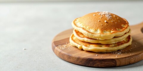 Poster - A Stack of Golden Brown Pancakes Sprinkled with Sweet Seasoning on a Rustic Wooden Board