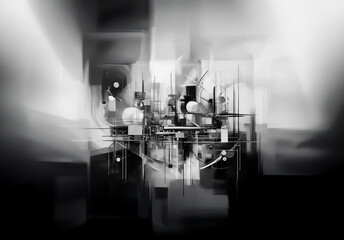 Fototapete - Abstract black and white image featuring a dynamic composition of blurred geometric and organic shapes. The artwork evokes an ethereal, modern feel with contrast and depth.