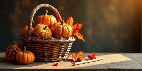 Poster - Autumnal Harvest in a Rustic Basket with Yarn and Fall Leaves