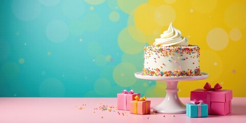 Poster - A Festive Celebration Cake with Colorful Sprinkles and Presents on a Pink Table