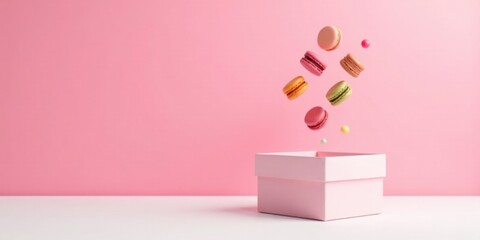 Poster - Delightful pastel macarons playfully float towards a pink gift box on a white surface against a soft pink backdrop.