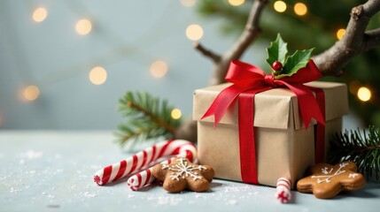 Aufkleber - A Festive Gift Box with Candy Canes and Gingerbread Cookies Decorated for the Holidays