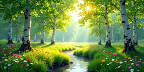 Poster - Serene Springtime Meadow with Sunlit Birch Trees and a Gently Flowing Stream