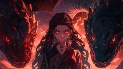 Wall Mural - anime girl with long black hair and red eyes wearing a black dress, surrounded by two large snakes, 
