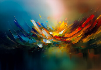 Leinwandbilder - Abstract painting with vibrant brushstrokes in blue, orange, yellow, and red hues, creating a dynamic and colorful composition.
