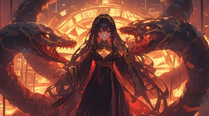 Wall Mural - anime girl with long black hair and red eyes wearing a black dress, surrounded by two large snakes, 