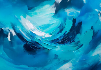 Poster - Abstract painting featuring swirling brushstrokes in shades of blue, teal and white. Dynamic and expressive artwork with a sense of depth and movement.