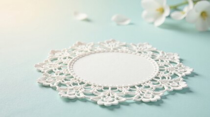 Poster - Elegant White Lace Doily with Delicate Floral Accents on a Pastel Background