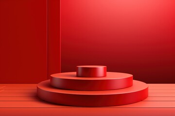 Poster - a minimalistic red scene featuring concentric circular platforms, creating a striking visual in a bo