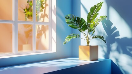 Poster - Sunny room, plant windowsill, shadows, pastel wall, home decor