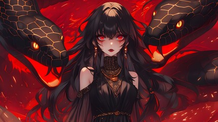 Wall Mural - anime girl with long black hair and red eyes wearing a black dress, surrounded by two large snakes, 