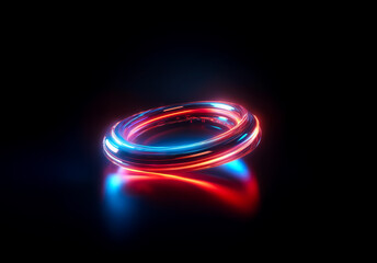 Poster - Glowing ring with vibrant neon blue and red lights on a dark backdrop.  Illuminated circular form emits a futuristic and modern aesthetic.