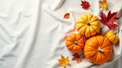 Poster - Autumnal Still Life Featuring Gourds and Fall Foliage on a Textured Fabric
