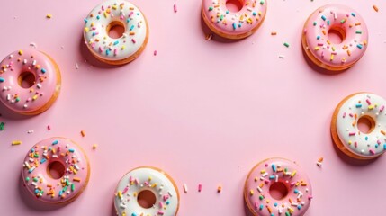 Poster - Delightful Donuts Arranged on a Pink Background, a Sweet Treat for Any Occasion