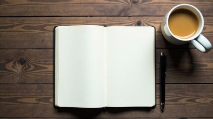 Poster - Open Notebook, Pen, and Warm Beverage on Rustic Wooden Surface A Still Life Composition