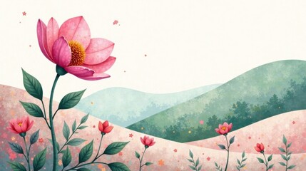 Poster - Serene Landscape Featuring a Prominent Pink Blossom and Rolling Hills with Delicate Floral Accents