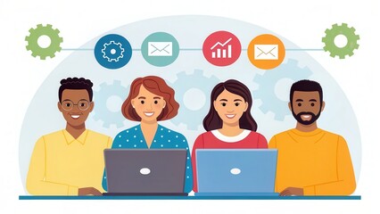 Aufkleber - Online training technology, accessible anytime and anywhere Concept. Four diverse professionals working on laptops with icons representing communication and analytics.