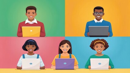 Poster - Online training technology, accessible anytime and anywhere Concept. Diverse group of people working on laptops in a colorful, modern setting.