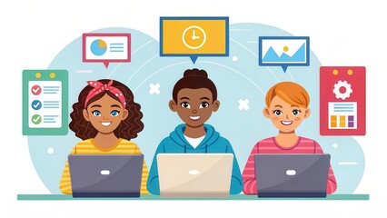 Aufkleber - Online training technology, accessible anytime and anywhere Concept. Three diverse students engaged in online learning with laptops and digital displays in the background.