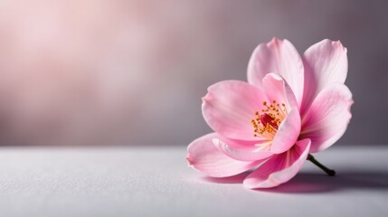 Poster - A Delicate Pink Blossom Resting on a Smooth Surface, Illuminated by Soft Light, Evoking Feelings of Serenity and Tranquility