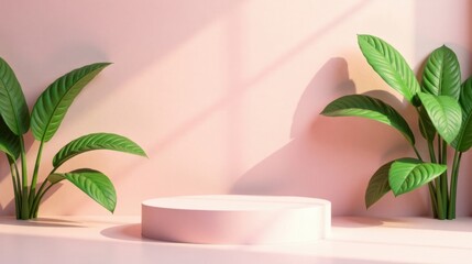 Poster - Pastel Pink Background with a Circular Display Platform Flanked by Lush Greenery in Soft Sunlight