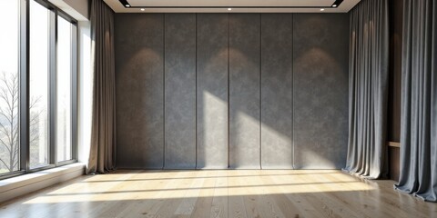 Aufkleber - Sunlit Modern Room with Gray Walls and Drapes, Hardwood Floor, and Large Window