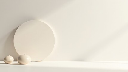 Aufkleber - Cream-colored minimalist composition featuring a large circular element and two small orb-shaped objects against a neutral backdrop, bathed in soft, natural light.