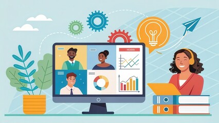 Poster - Online training technology, accessible anytime and anywhere Concept. Remote work illustration featuring diverse individuals in a virtual meeting setting.