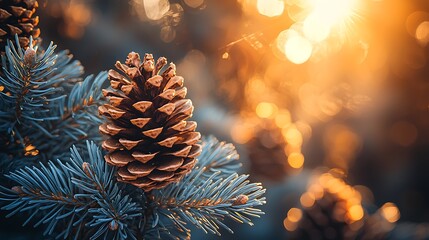 Poster - Sunset illuminates pine cone on blue spruce branch