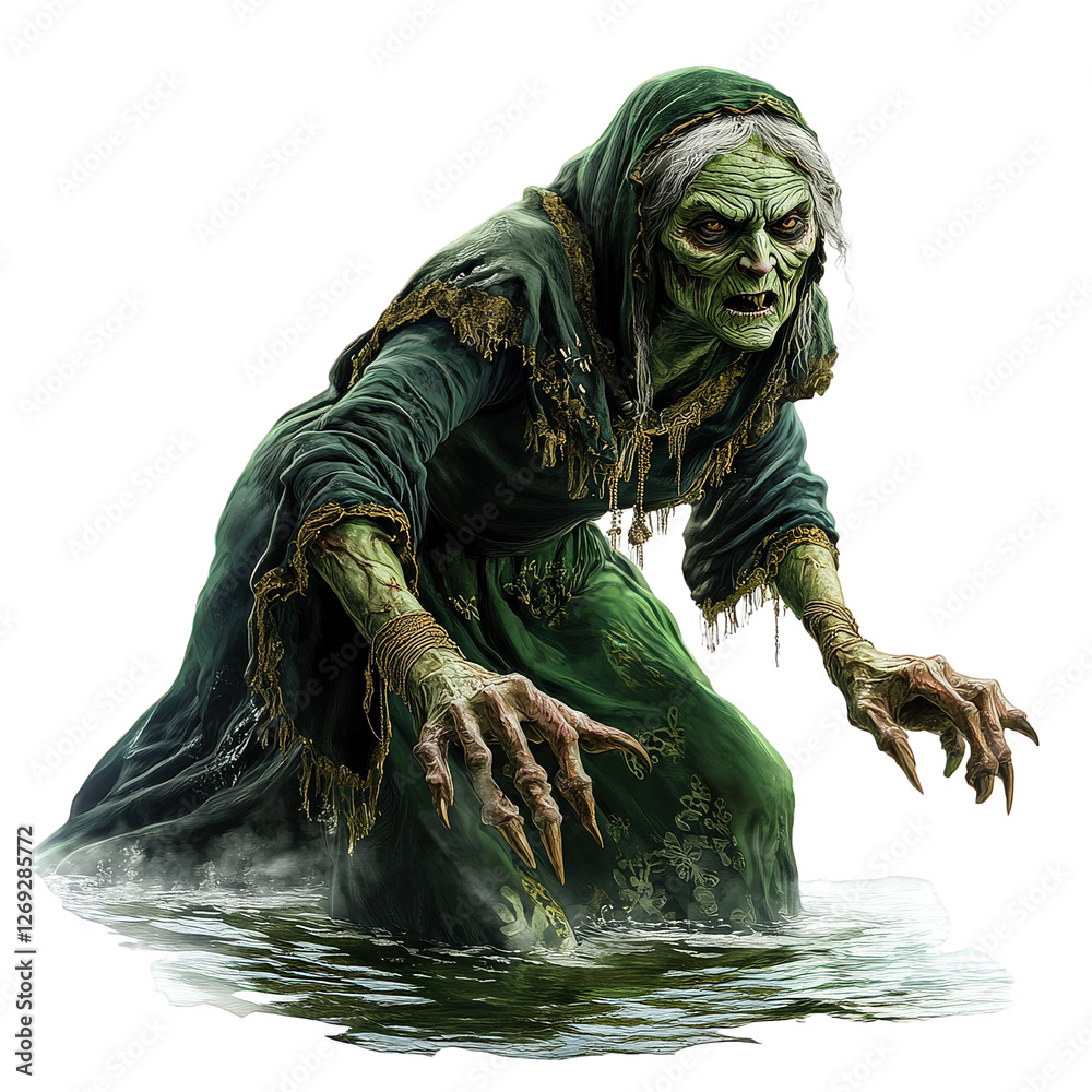 mystical river hag with green skin, wearing tattered robe, emerges from ...