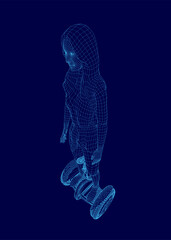 Fototapete - A woman is standing on a scooter. The image is in blue and the woman is the main focus