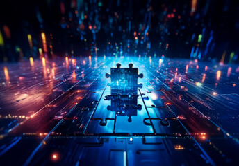 Leinwandbilder - A futuristic digital puzzle concept featuring glowing blue pieces connected on a circuit board with orange light streaks, representing technology and innovation.