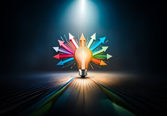 Poster - Illuminated light bulb with vibrant arrows radiating outwards against a dark backdrop, representing innovation and diverse ideas spreading in multiple directions.