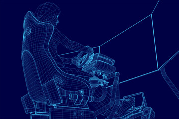 Poster - A woman is sitting in a armchair in front of a computer monitor. The monitor is a large screen and the woman is holding a steering wheel. A woman is sitting in a simulator car with a steering wheel.