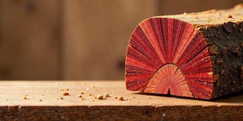 Aufkleber - A richly hued cross-section of wood reveals intricate concentric rings, showcasing the beauty of natural grain patterns and vibrant reddish tones resting on a rustic wooden surface with wood shavings