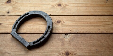 Poster - A weathered horseshoe rests on a light brown wooden surface, exhibiting a rustic charm and hinting at themes of luck and tradition.