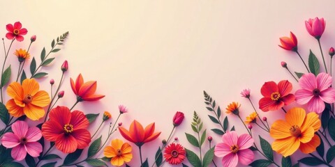 Poster - Vibrant floral arrangement showcasing a delightful array of blossoms and foliage, creating a captivating border against a soft pastel background.