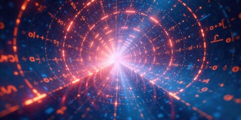Poster - A Journey Through the Infinite Realm of Mathematical Equations and Formulas in a Glowing Tunnel of Light and Data