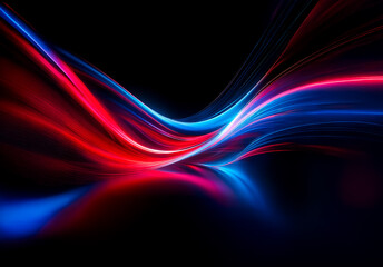 Poster - Abstract flowing lines of vibrant red and blue hues dance against a stark black backdrop, creating a dynamic and modern visual effect.  The luminous lines suggest motion and energy.